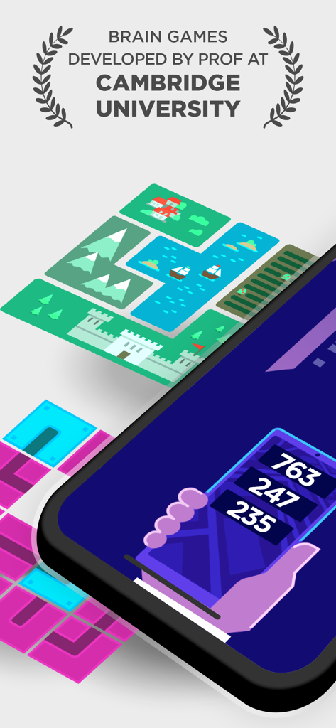 Peak brain training app showing games developed by Cambridge University professors with scoring metrics