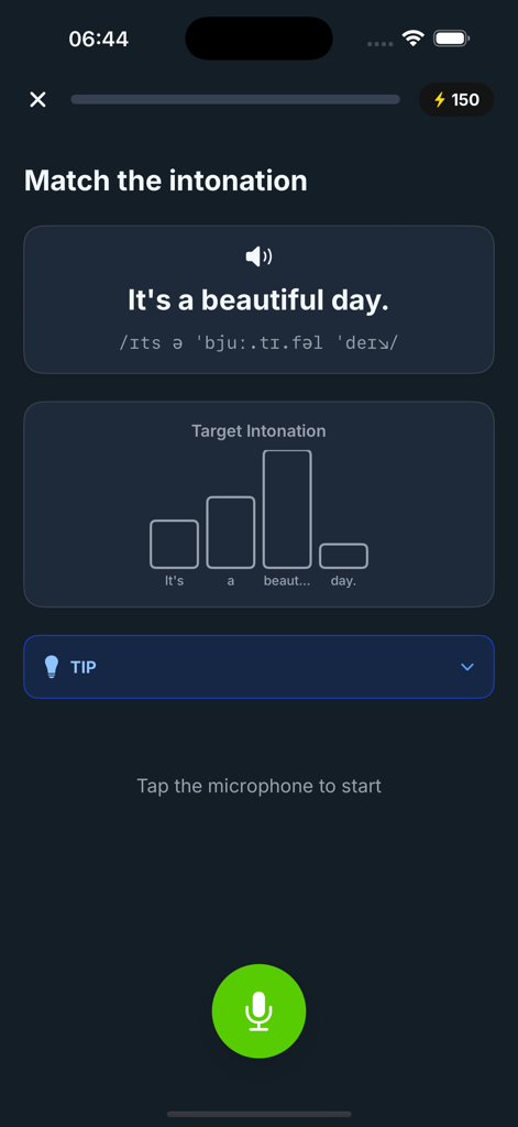Accent Training app interface showing an intonation matching exercise for an American English sentence
