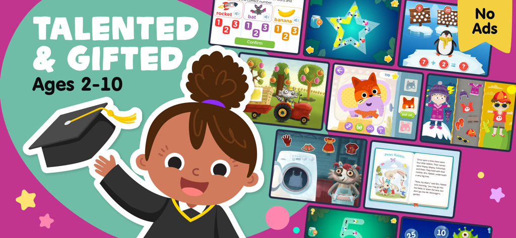 Kids Academy Learning Games - Werbebanner für Kids Academy Lernspiele mit Screenshots von Lernaktivitäten und einem Cartoon-Kind mit Abschlusskappe.