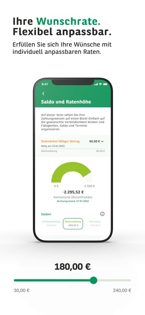 Consors Finanz Mobile Banking - Eine mobile Benutzeroberfläche der Consors Finanz App, die anpassbare Raten und einen Überblick über den aktuellen Kontostand zeigt.