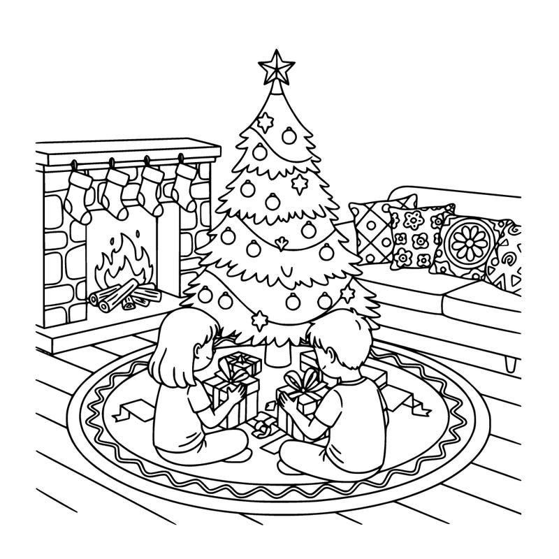 girl and a boy sitting next to a christmas tree opening persents. fireplace with four stockings hanging. a circle rug under neath the christmas tree. sofa with chinas cushions