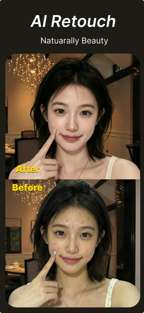 Fotee - 视频转照片高清截图实况截取视频抽帧截图 - Before and after comparison of AI skin retouching and blemish removal on a portrait