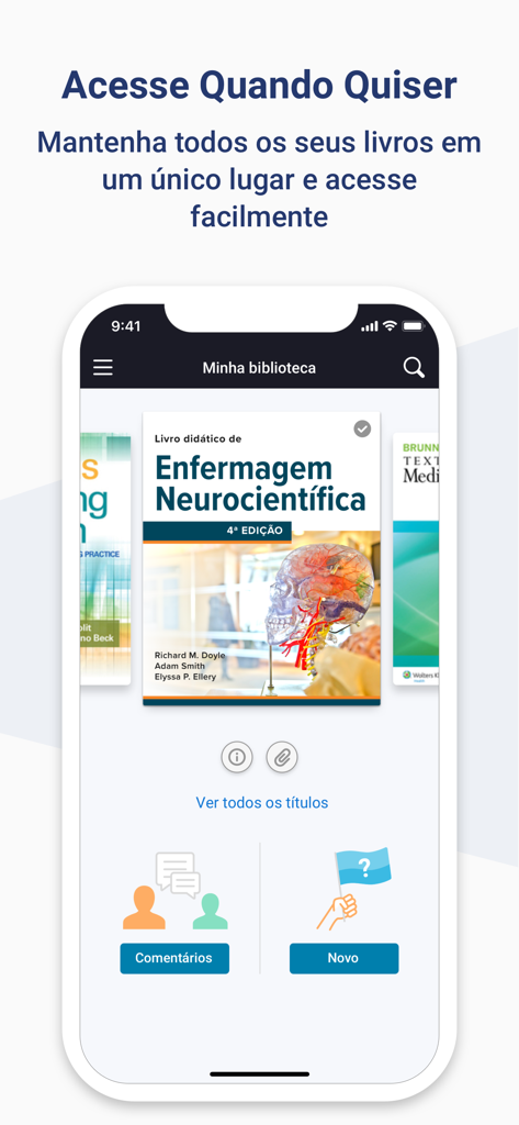 Mobile Benutzeroberfläche der Minha Biblioteca App, die eine digitale Bibliothek mit akademischen Lehrbüchern zeigt