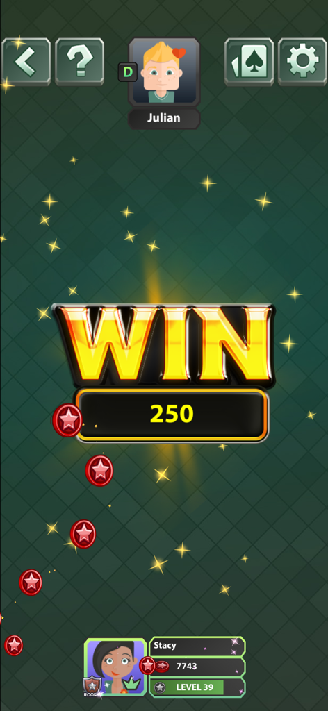 Spite and Malice Card Game - Schermata di vittoria nel gioco di carte Spite and Malice che mostra il messaggio di vittoria e i punti guadagnati