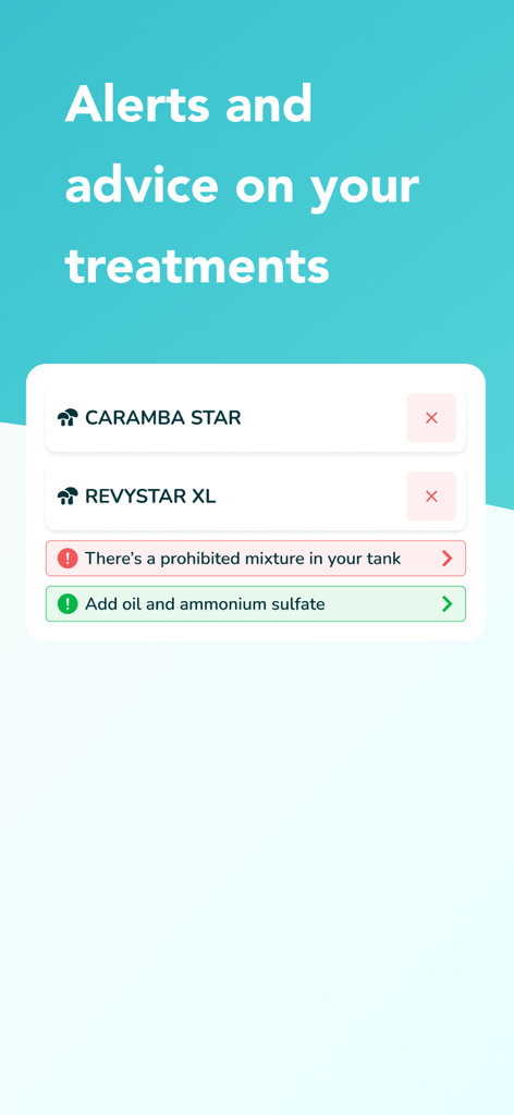 Interface do aplicativo móvel mostrando alertas de tratamento agrícola e conselhos de compatibilidade de mistura em tanque para agricultores.