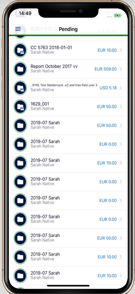 SRXP - SRXP app interface showing a list of pending expense reports