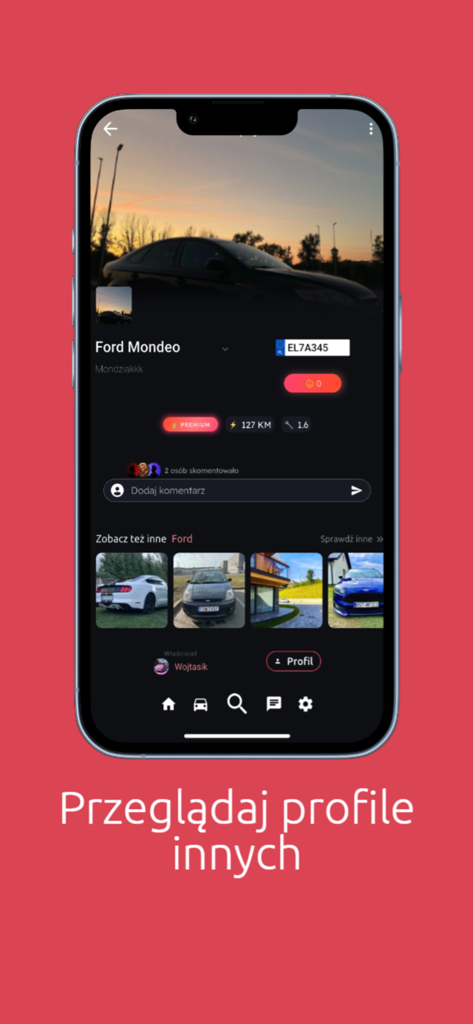 Carify app screenshot displaying a Ford Mondeo profile page with license plate and car enthusiast social features