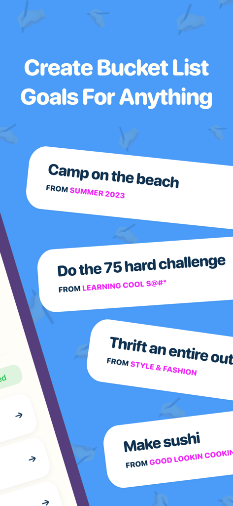 Bucket List - The Bucket App - A mobile app screen showing diverse bucket list goals including camping on the beach and making sushi