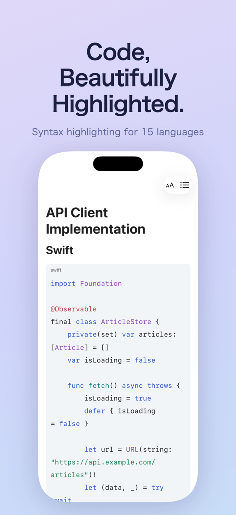 Markdown Reader - View Only - iPhone screenshot of Markdown Reader displaying syntax highlighting for Swift code.