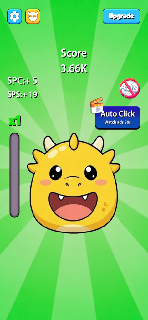 Fun Clicker. - Gameplay screen of Fun Clicker showing a cute yellow dragon emoji and score counter on a green background.