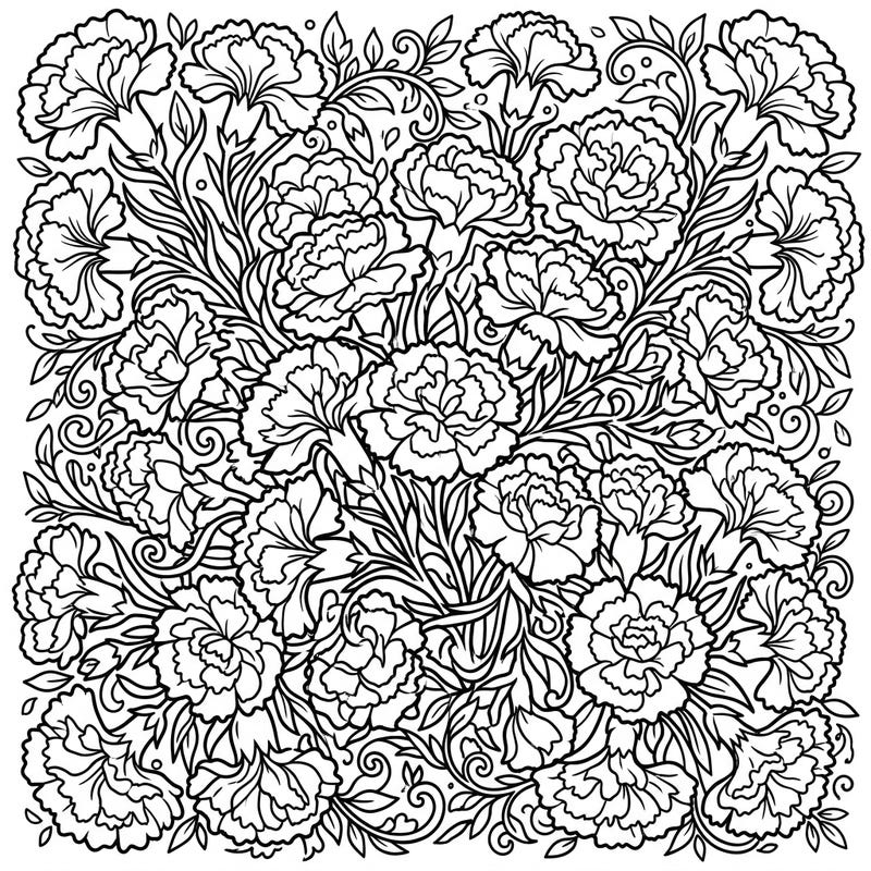 Discover a stunning arrangement of carnation flowers ready for your creative touch. This detailed coloring page features a full bouquet, inviting you to bring its blossoming beauty to life with color.