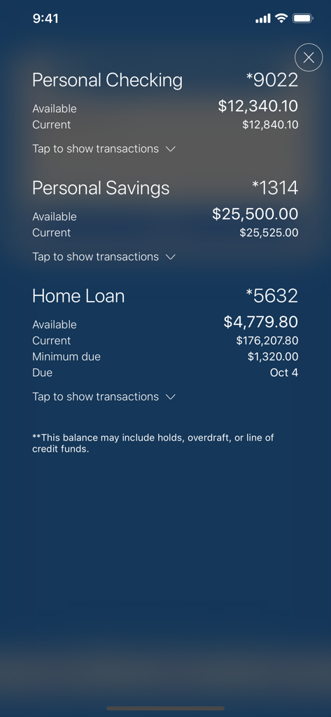 ESL Mobile Banking - ESL Mobile Banking App-Oberfläche mit Kontensalden für Girokonto, Sparkonto und Hypothek.