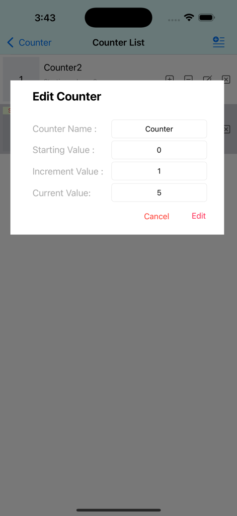 Tap Counter(Simple & Multiple) - Interfaccia dell'app mobile che mostra la modale Modifica Contatore con campi per nome, valore iniziale e valore di incremento.