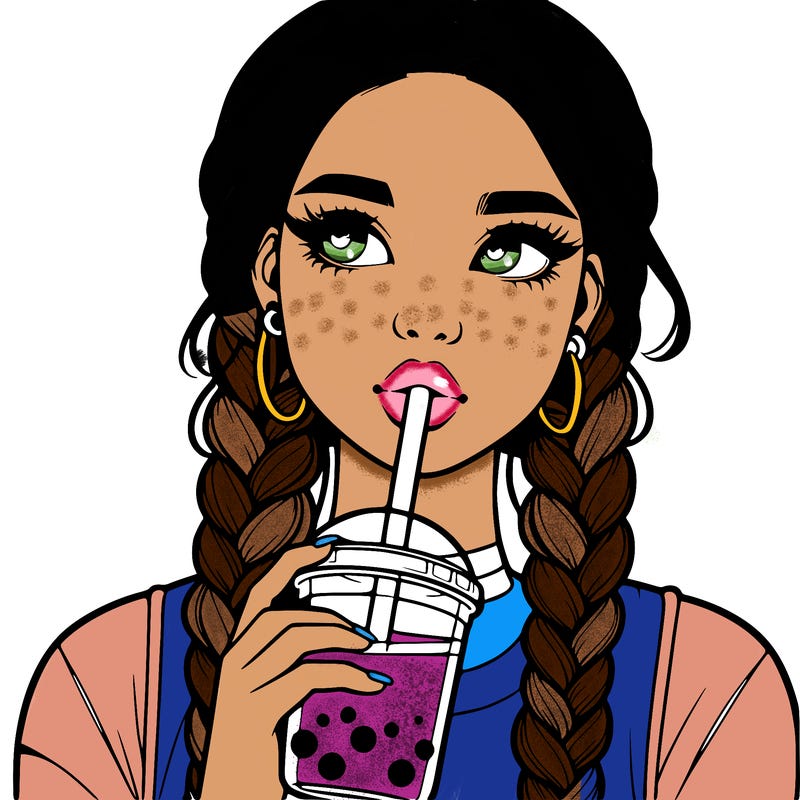 realistic girl with braided hair drinking boba