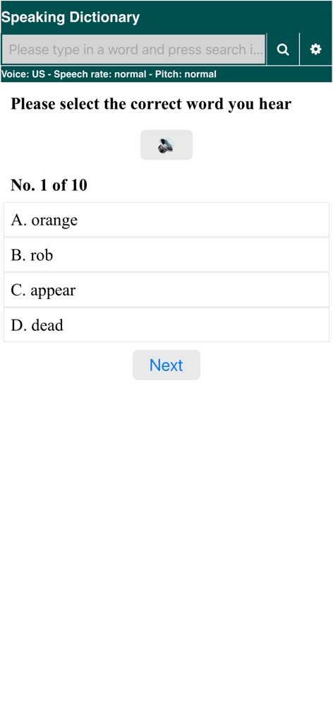 Speaking Dictionary - Listening quiz interface in the Speaking Dictionary app showing a multiple choice question to select the correct word heard.