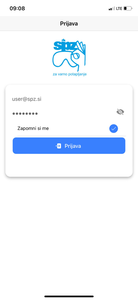 SPZ App - SPZ diving app login screen showing email and password fields