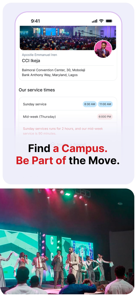 Celebration Church Int'l (CCI) - Celebration Church International app screen displaying campus location and service times above a live worship scene