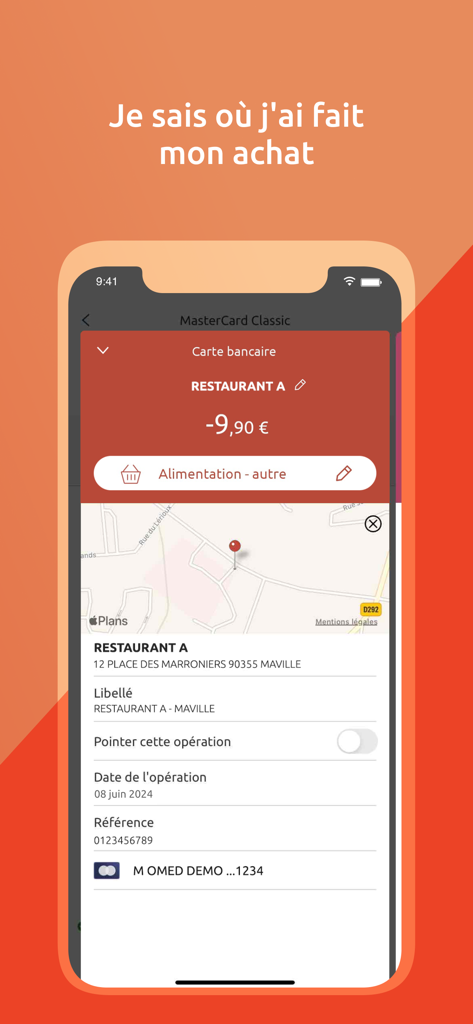 Crédit Coopératif - Um resumo de transação na aplicação Crédit Coopératif mostrando uma compra em restaurante com uma localização no mapa