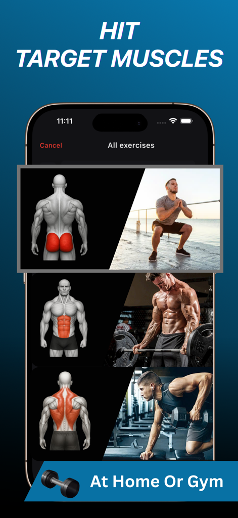Capture d'écran de l'application FitBeast montrant les groupes musculaires ciblés et les exercices pour les entraînements à domicile ou à la salle de sport