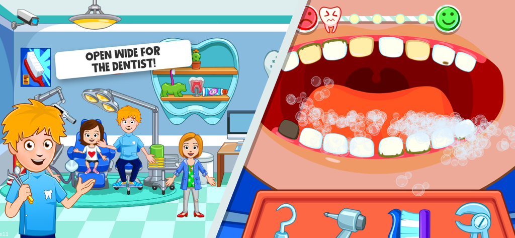 My Town : Street Fun - A split screen showing a cartoon dentist office with characters and a close-up of a tooth brushing mini-game.