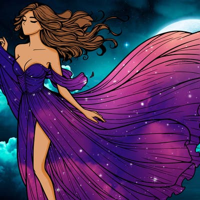 realistic woman in dress flowing the the wind