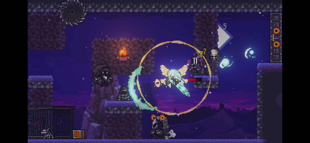 Dungreed - Pixel art character fighting monsters in a dark dungeon environment in Dungreed