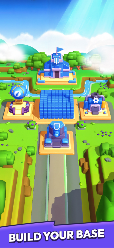 Interfaz del juego Mob Control que muestra una base azul con varias estructuras y el texto Construye tu Base