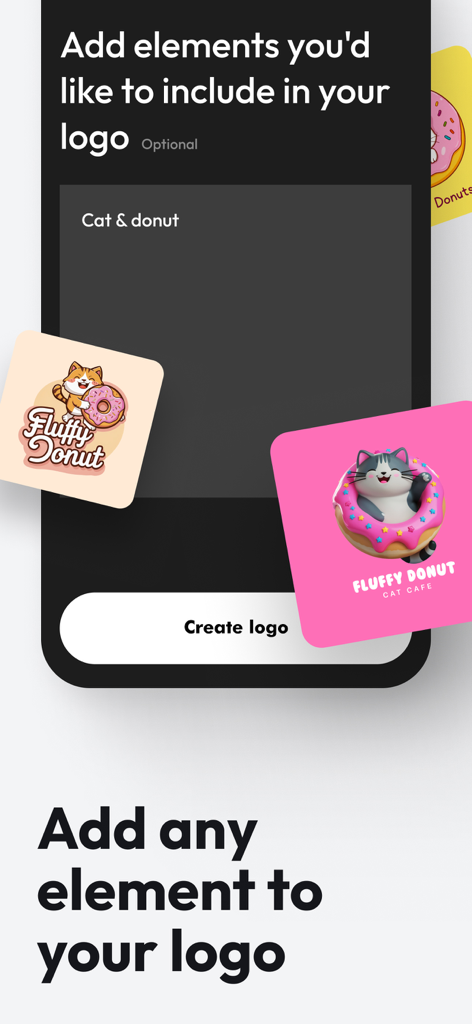 Logofy AI Logo Maker & Creator - Interface of Logofy AI app showing the option to add elements like a cat and donut to generate custom brand logos