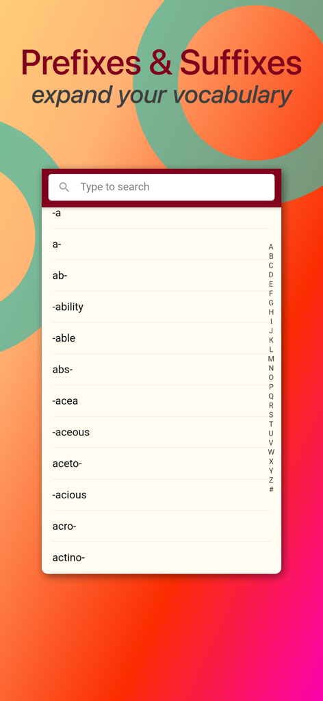 Lista de prefixos e sufixos em inglês no aplicativo Etymonline usados para expandir o vocabulário.