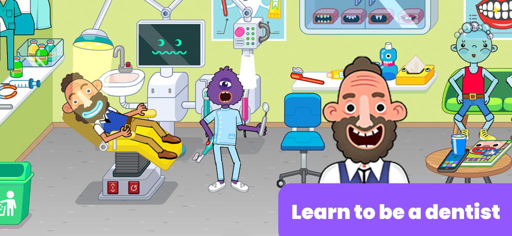 Hospital Games for Kids - Scena interattiva di gioco di ruolo dal dentista nell'app Giochi Ospedalieri per Bambini che mostra personaggi a cartoni animati in una clinica.