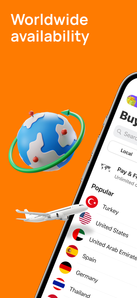 Yesim app interface showing worldwide eSIM availability with a list of supported countries and global travel connectivity options.