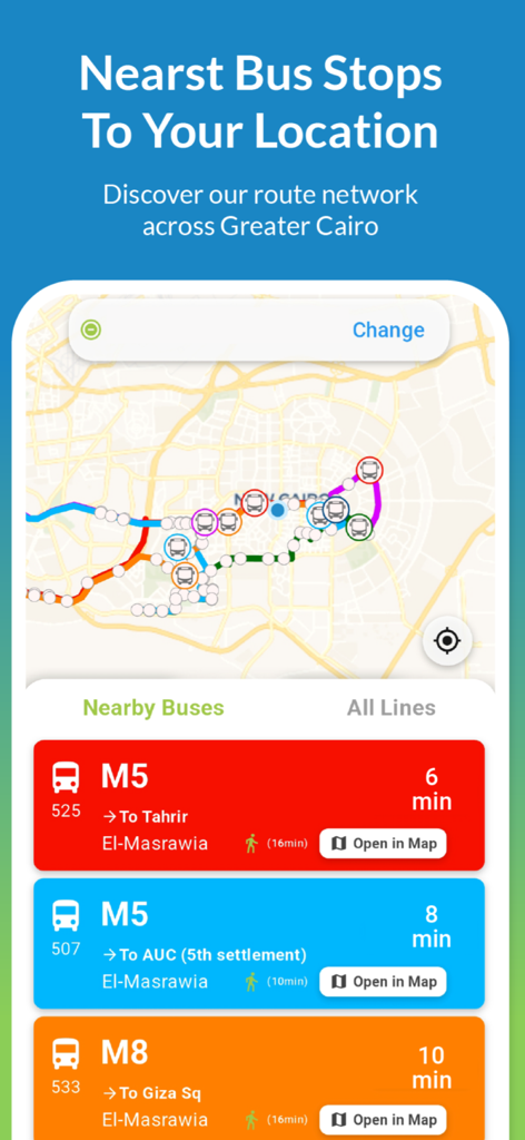 Mwasalat Misr - Mwasalat Misr app screen showing nearby bus stops and arrival times on a map of Cairo