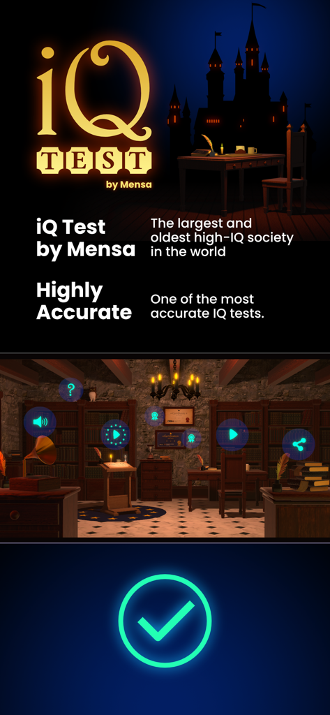 Captura de tela da interface do aplicativo Teste de QI mostrando sua associação com a Mensa e um fundo temático de biblioteca.