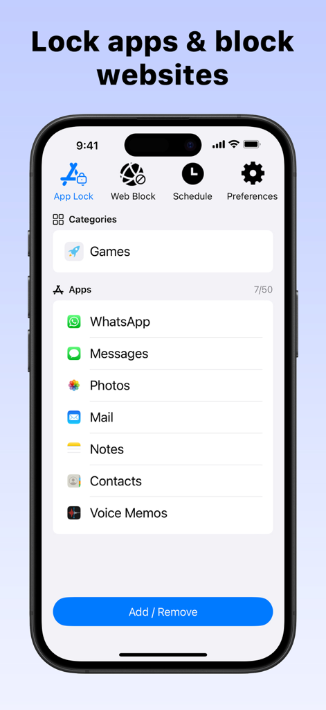 AppCrypt mobile app showing the App Lock interface with a list of apps like WhatsApp and Photos selected for restriction