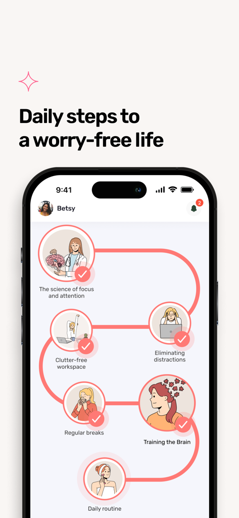 Mindway: Stop Overthinking - Mindway app interface showing a personalized mental wellness journey with daily lessons for focus and brain training.