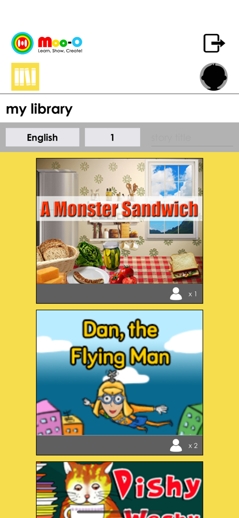 Moo-O - The library view of the Moo-O app displaying children stories like A Monster Sandwich and Dan the Flying Man.