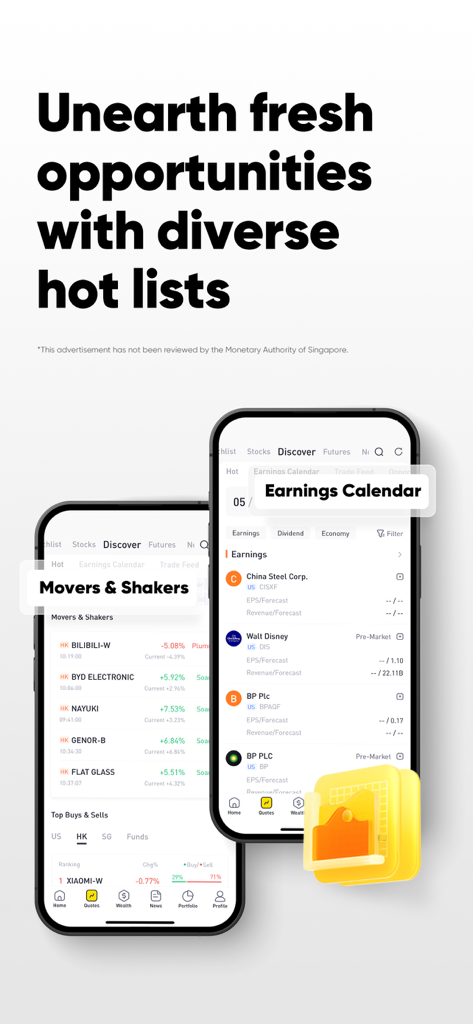 Tiger Trade: Invest Globally - Mobile app interface showing stock market hot lists and earnings calendar tools for global investors