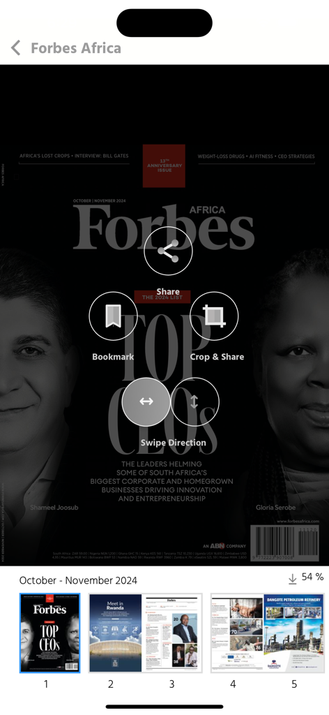 Interfaz de la aplicación Forbes Africa que muestra la portada de la revista Top CEOs con herramientas interactivas de compartir, marcar y recortar.