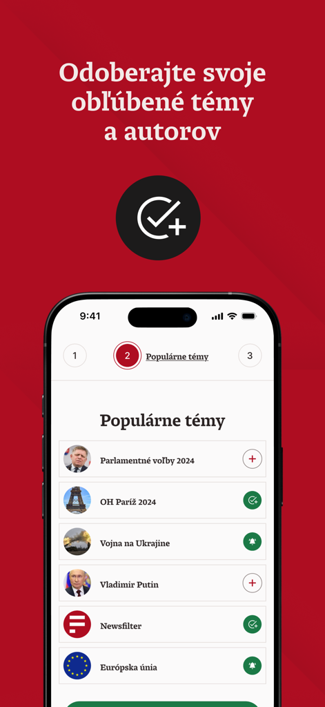 Denník N - Benutzeroberfläche der Dennik N App mit beliebten Nachrichtenthemen zum Folgen und Abonnement-Buttons