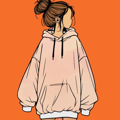 realistic girl with a oversized sweatshirt on and a bun