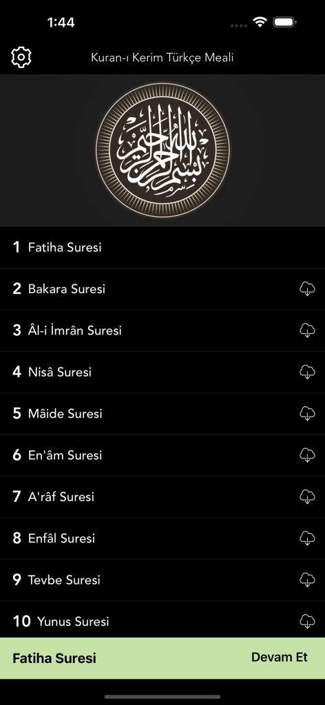Interface of the Kuran-ı Kerim Türkçe Meali app showing a list of Quran surahs with download options