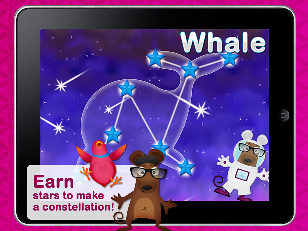 Word Wagon - Duck Duck Moose - Word Wagon educational app screen showing Mozzarella the Mouse and a whale constellation reward