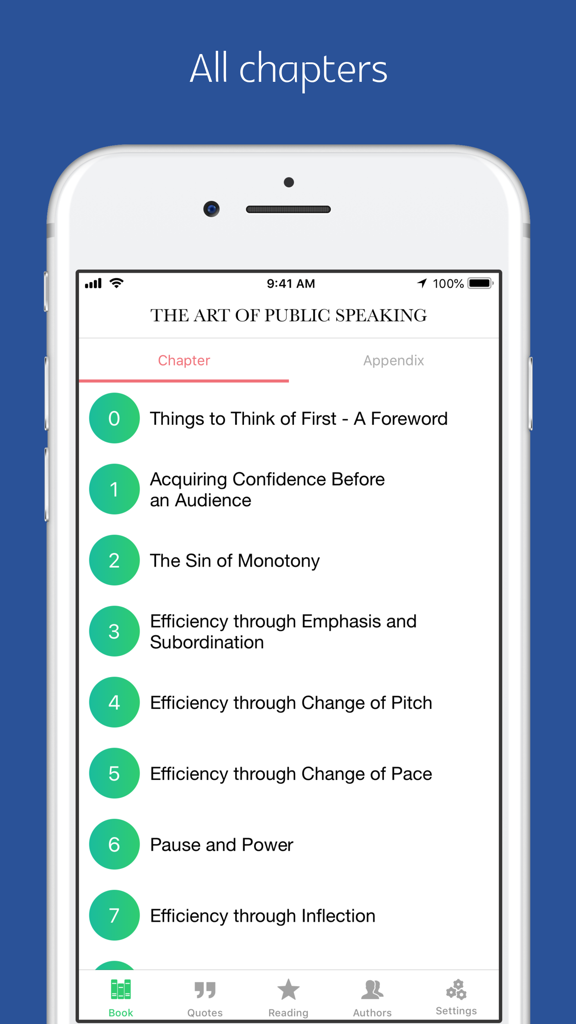 A screenshot of the table of contents showing chapters of the public speaking book on a mobile device.