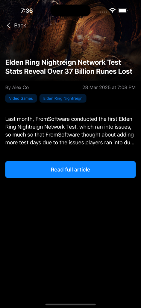 XP Game News - A detailed article view in the XP Game News app showing a news story about Elden Ring Nightreign