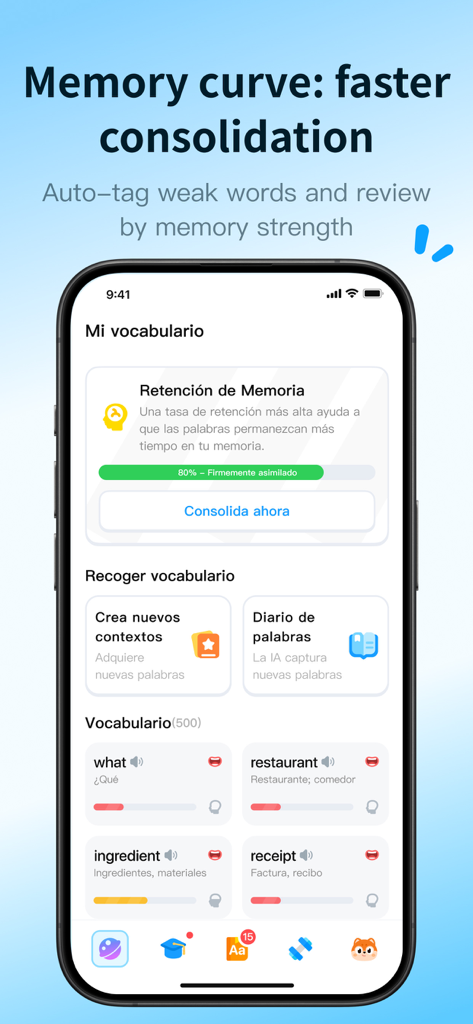 Lingtas – Real World English. - Lingtas app interface showing personalized vocabulary reinforcement and memory retention progress.
