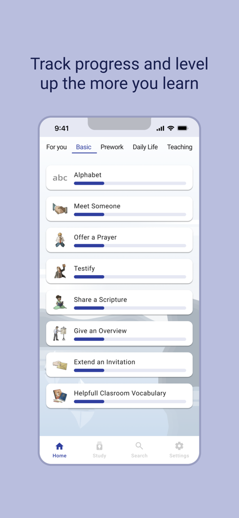 TALL Embark - The TALL Embark mobile app interface showing language learning progress for missionary-specific topics.