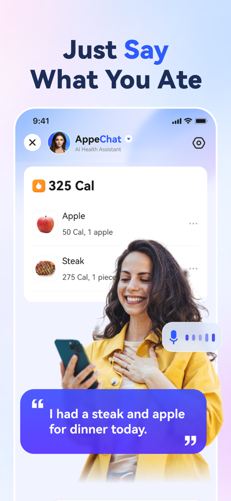 Appediet mobile app interface showing AI voice assistant logging a steak and apple for calorie tracking