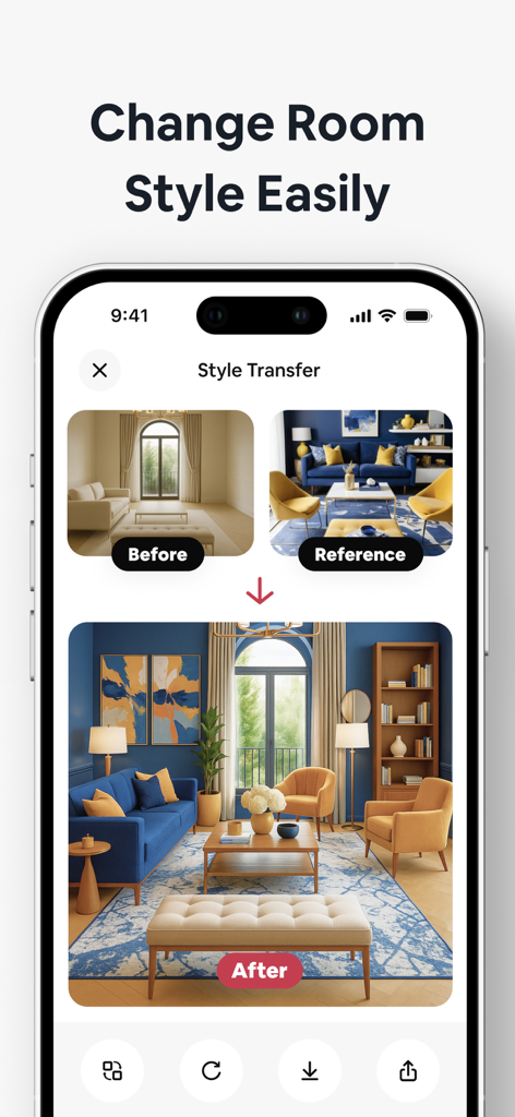AI Home Decor-Interior Design - Uma interface móvel demonstrando o recurso de transferência de estilo de IA, mostrando um cômodo antes e depois de uma reforma de design de interiores moderno.
