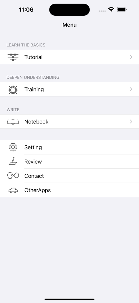 Main menu of the LadderTouch app showing options for tutorial training and notebook for ladder logic learning