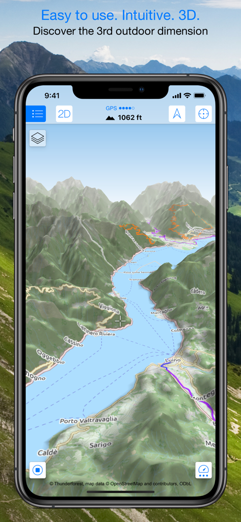 Maps 3D - Hike & Bike - Maps 3D app displaying a topographical 3D map with hiking trails and mountain terrain